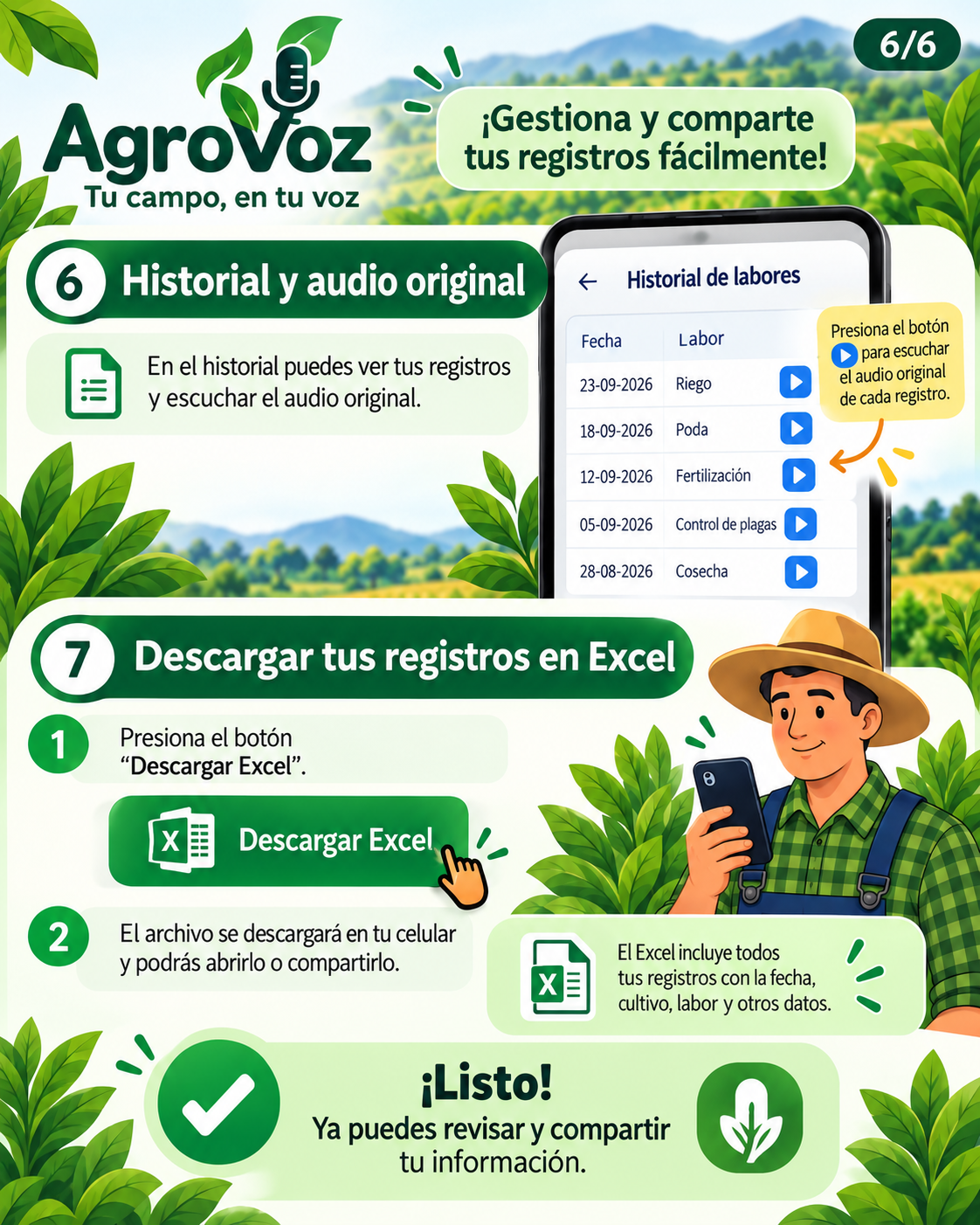 AgroVoz: Historial y exportación a Excel, lámina 6 de 6