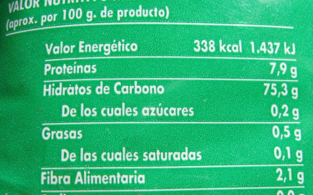 Ejemplo ilustrativo de una tabla de información nutricional en el envase de un alimento; no corresponde al formato oficial chileno